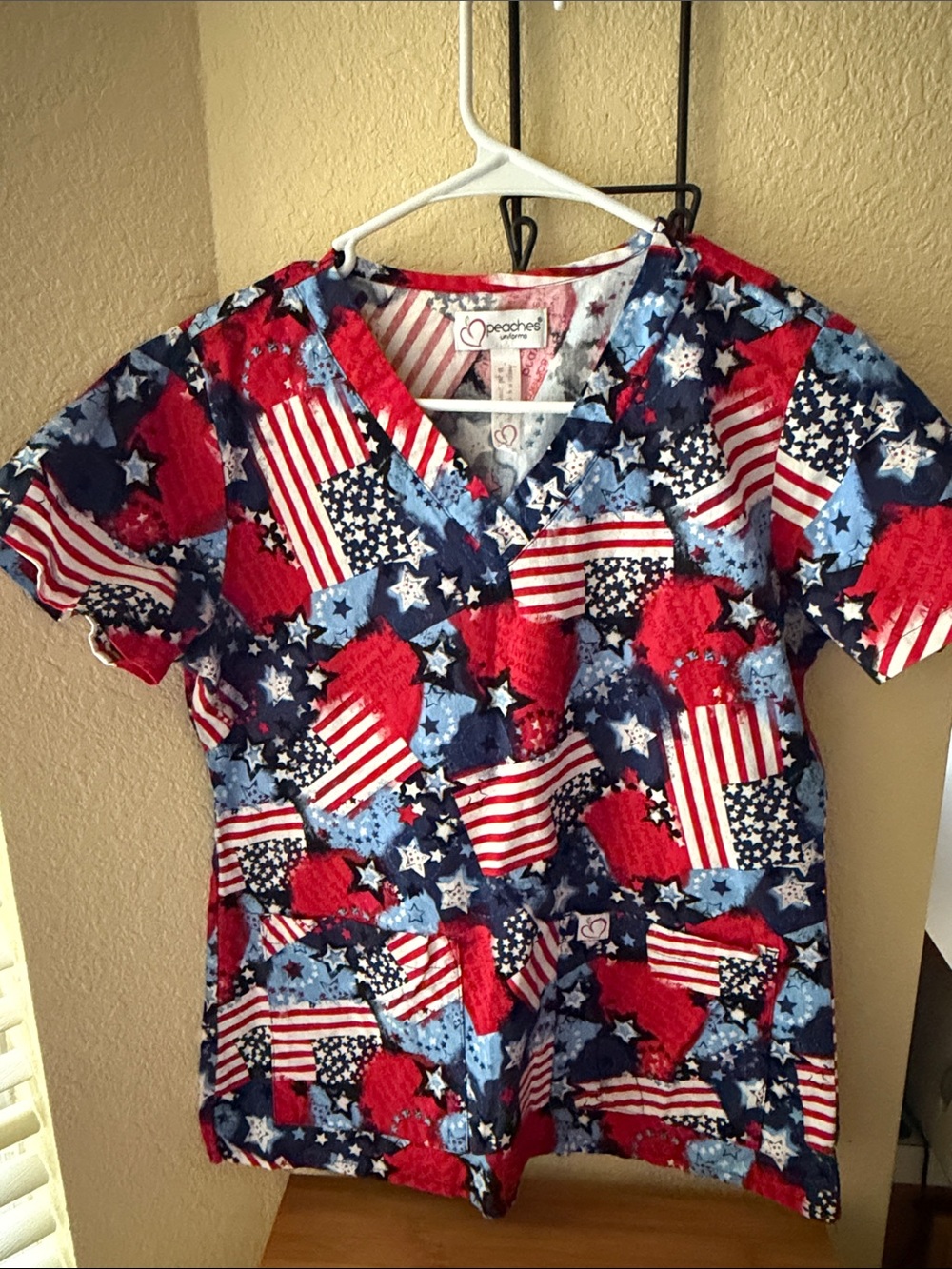 Peaches Heart & Flag Print Scrub Top - Red, White, Blue